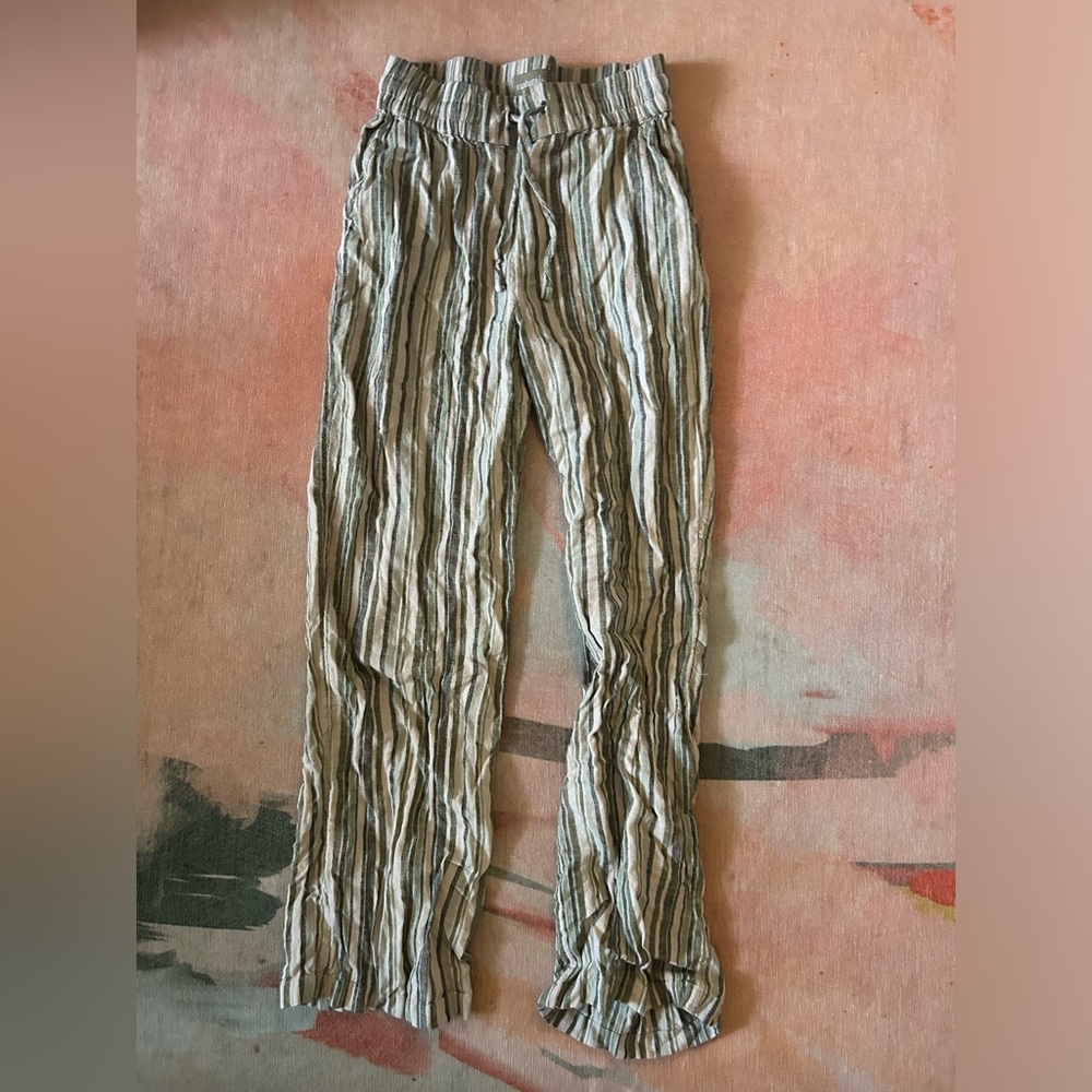 Linen Pants— Green, White, and Cream Vertical Striped